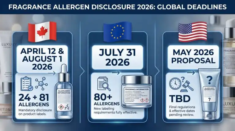 Timeline allergènes parfum disclosure 2026 Canada 24 allergens, EU 81 allergens, USA FDA compliance dates