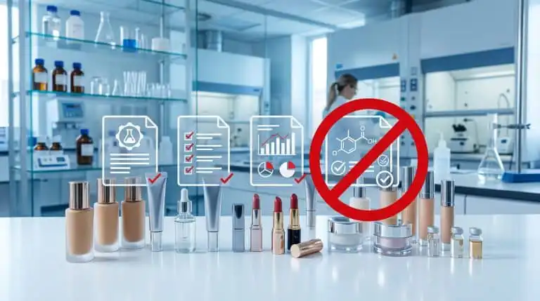 Laboratoire cosmétique avec produits et symboles réglementaires illustrant l interdiction PFAS en France 2026