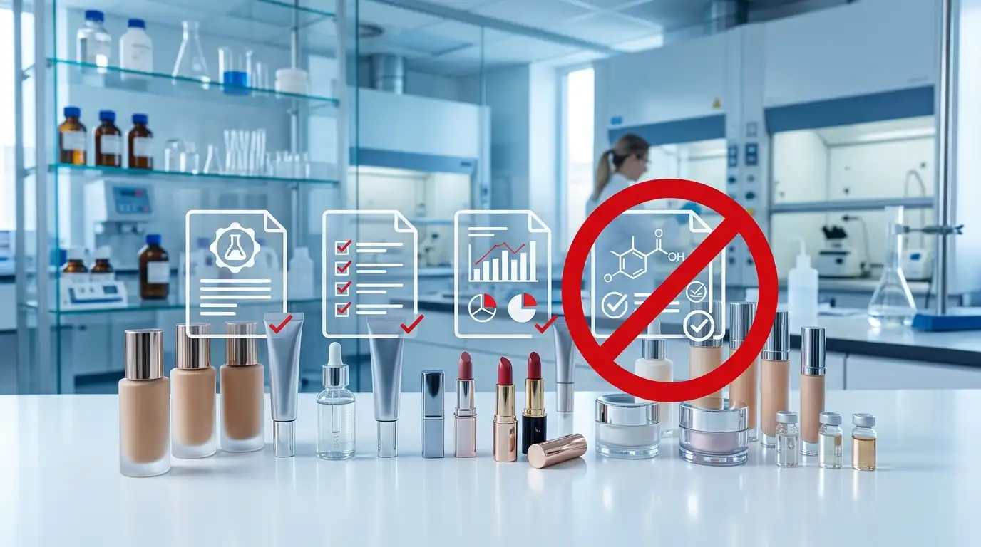 Laboratoire cosmétique avec produits et symboles réglementaires illustrant l interdiction PFAS en France 2026