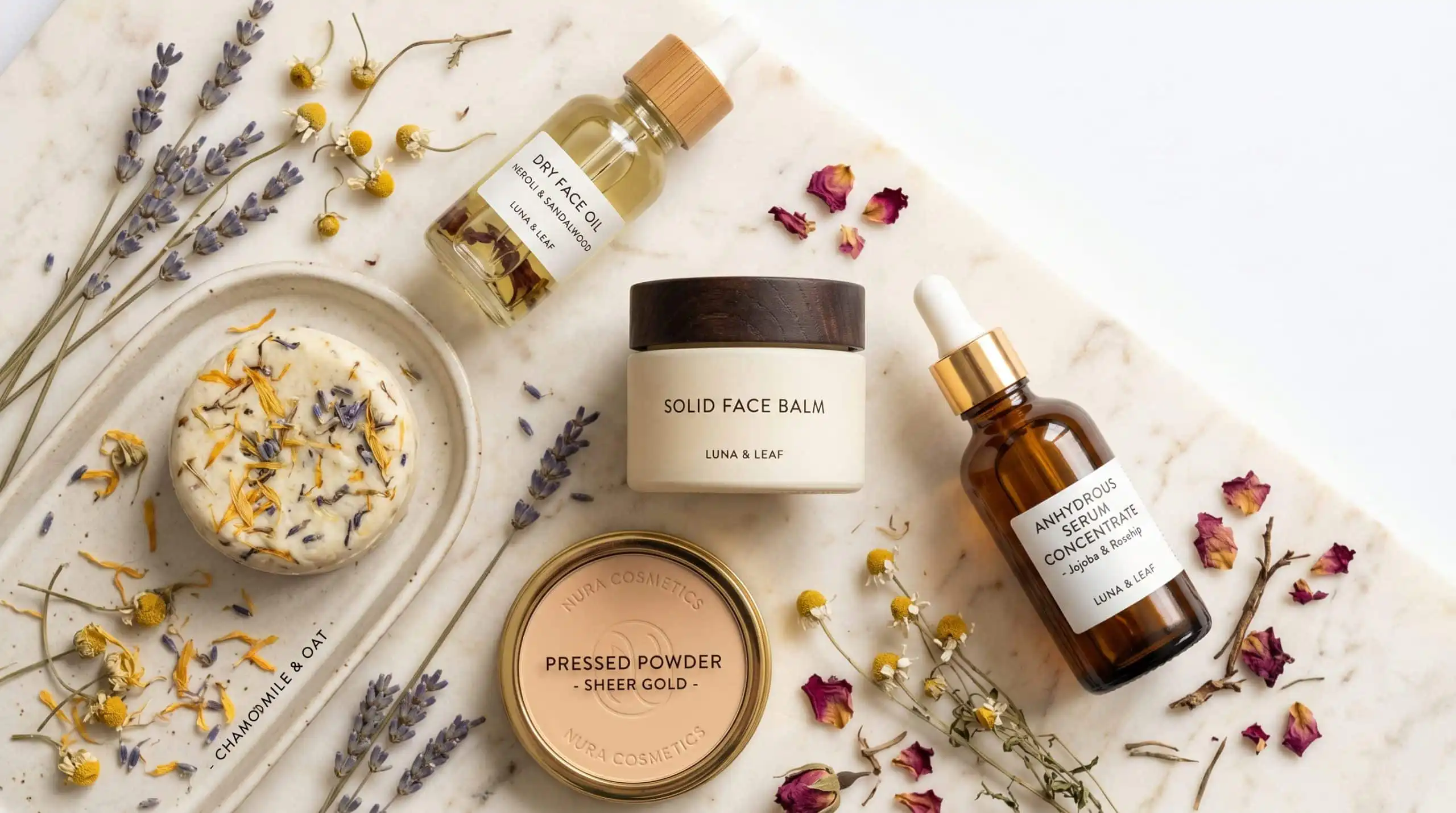 Composition de produits waterless beauty anhydres pour marque blanche - baumes, sérums, huiles concentrées