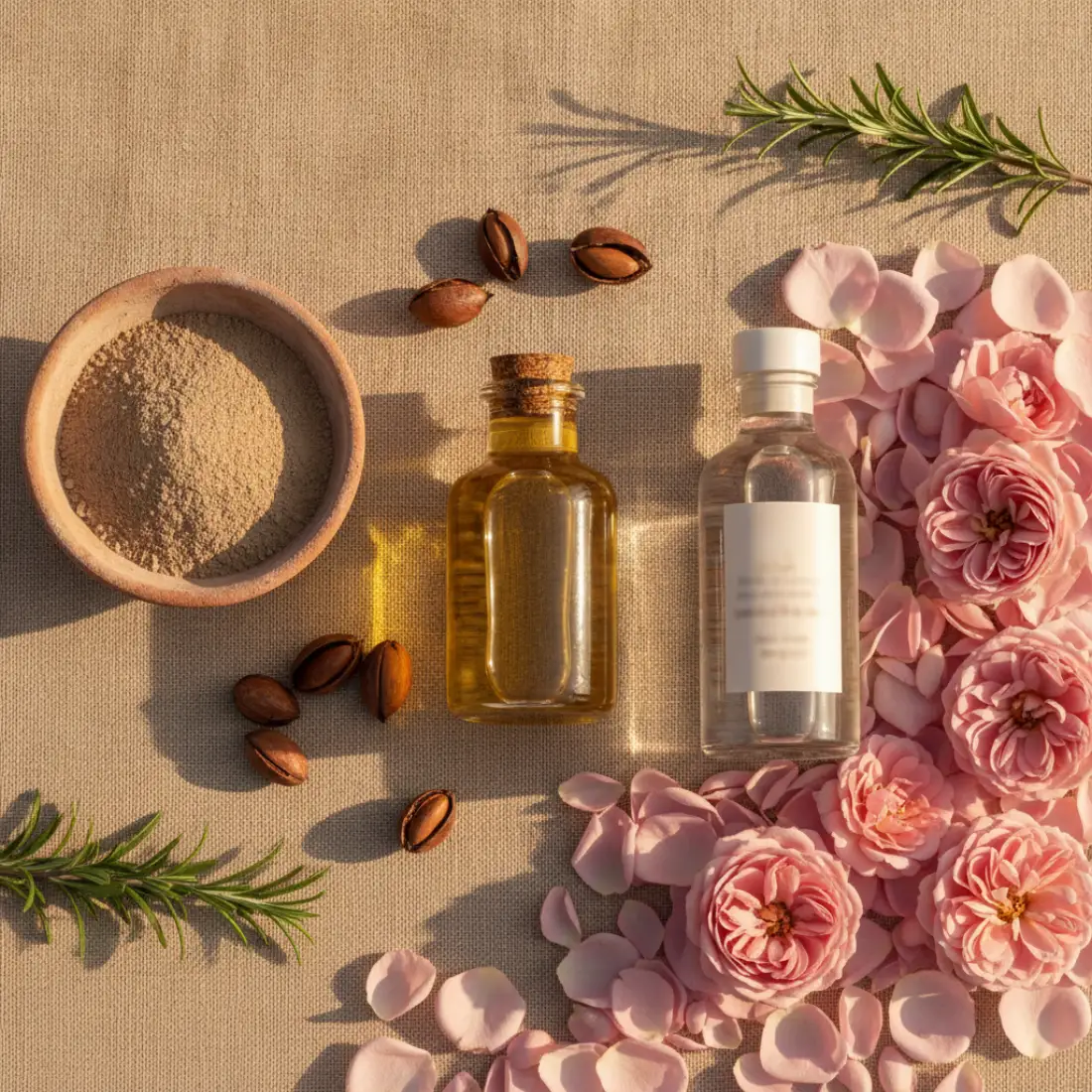 Ingrédients naturels marocains pour cosmétiques bio : huile d'argan, ghassoul, eau de rose