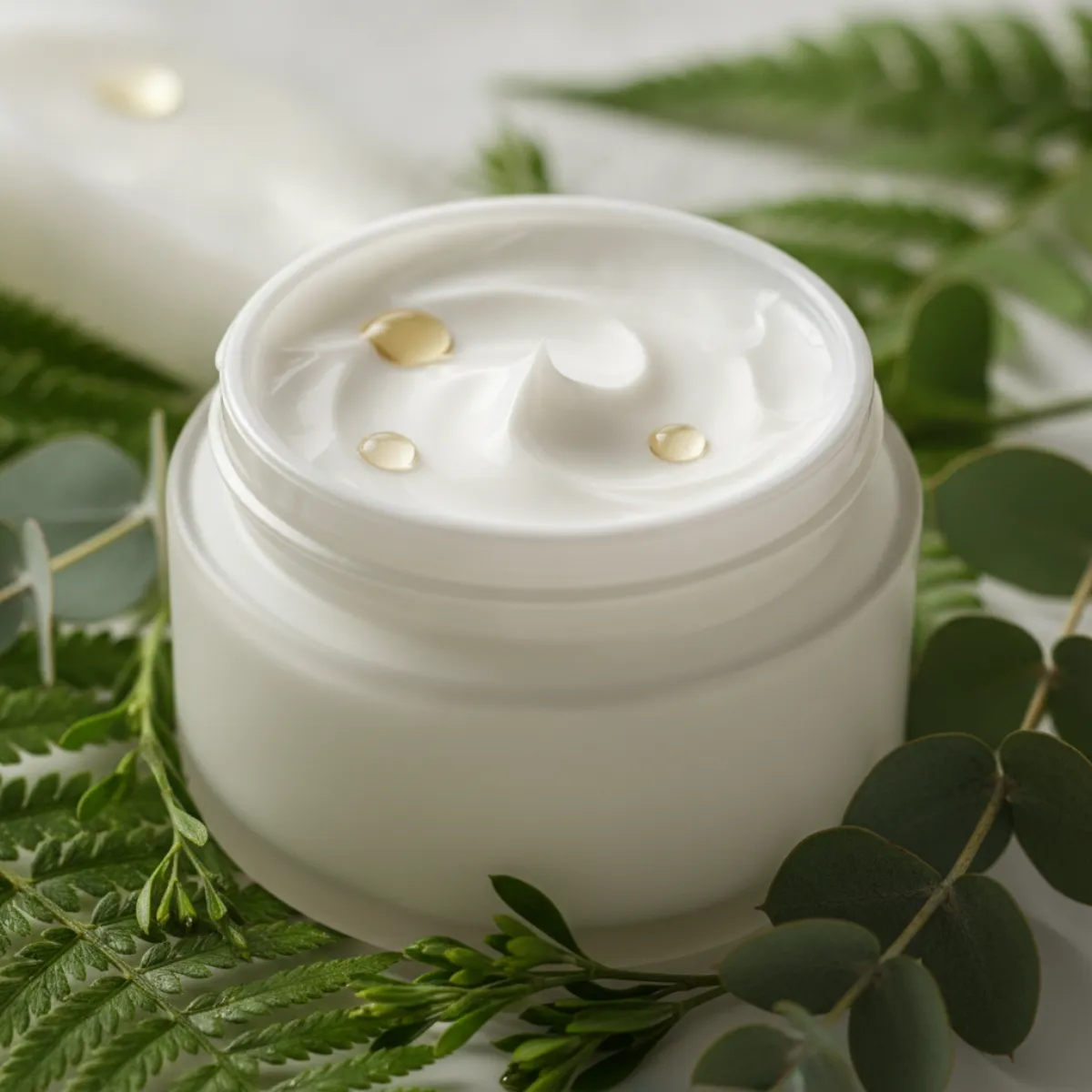 Crème cosmétique bio à la texture naturelle entourée de feuilles végétales