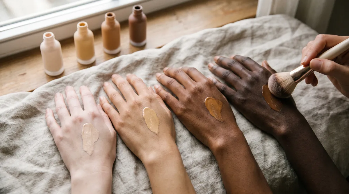 Handrücken von vier Frauen mit unterschiedlichen Hauttönen, jede testet eine Foundation-Nuance passend zu ihrer Haut