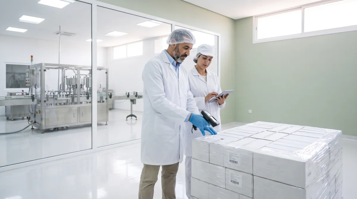 Quality supervisor checking a pallet of finished skincare products ready for export to Europe at Carmel Cosmetics Labs
