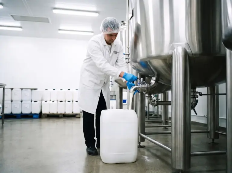 cosmetique en vrac cuve inox carmel | Carmel Cosmetics Labs Opérateur remplissant un bidon de cosmétique en vrac depuis une cuve inox