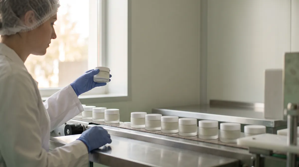 White label cosmetics: technician inspecting cream jars on a filling line