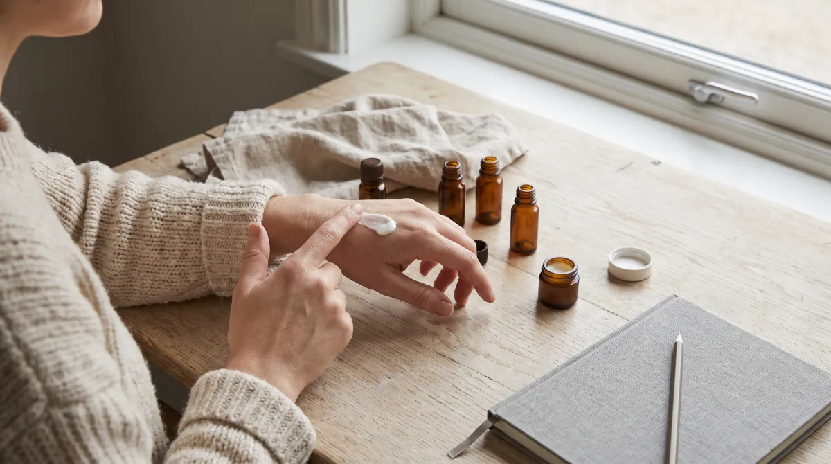 A founder testing a sample cream's texture on the back of her hand, next to amber bottles