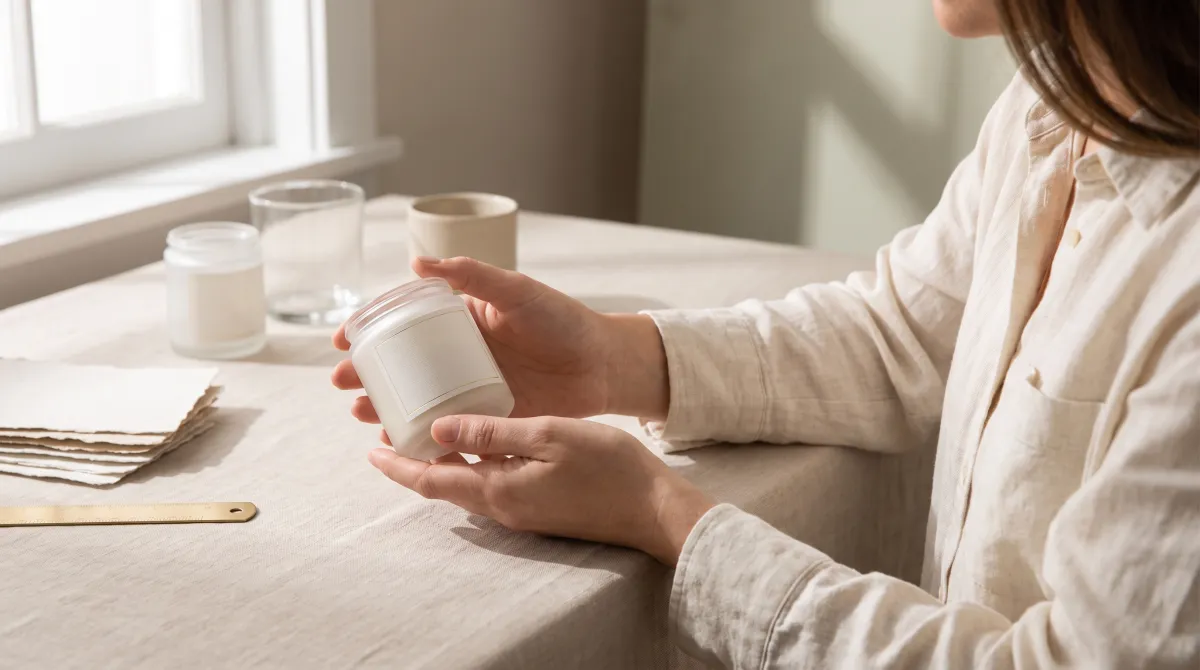 Brand founder examining a frosted glass jar with a blank label, a key packaging step in white label cosmetics
