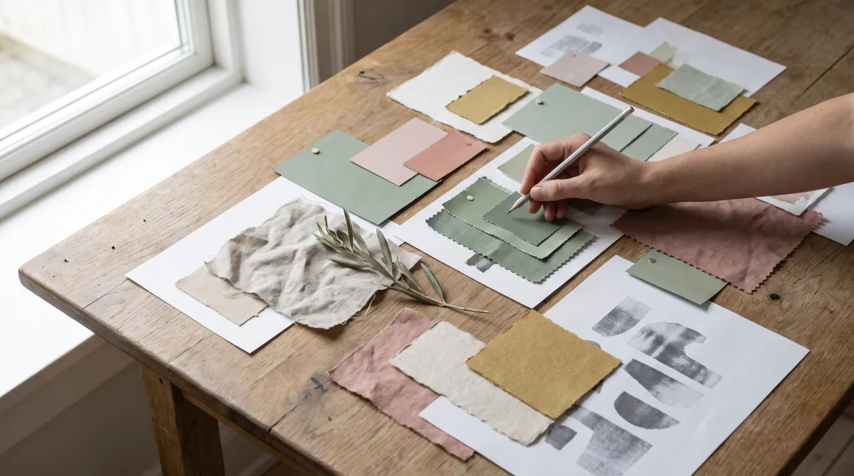 Designer's mood board with sage green, gold and powder pink swatches to define a brand's visual world