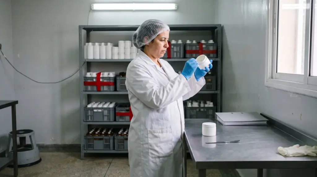 Technicienne qualité inspectant un pot de crème retourné, étape clé de la cosmétovigilance