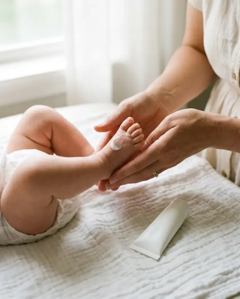 Mère appliquant une crème sur le pied de son bébé