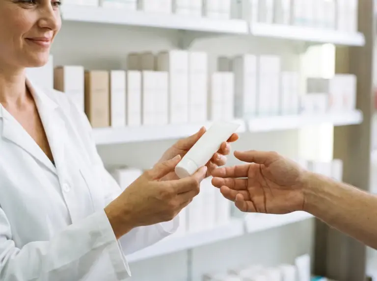 Pharmacienne remettant une crème dermocosmétique à une cliente