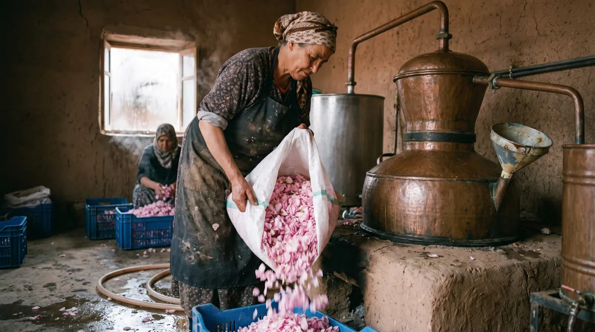 Coopératrice versant des pétales de rose de Damas près d'un alambic à eau de rose