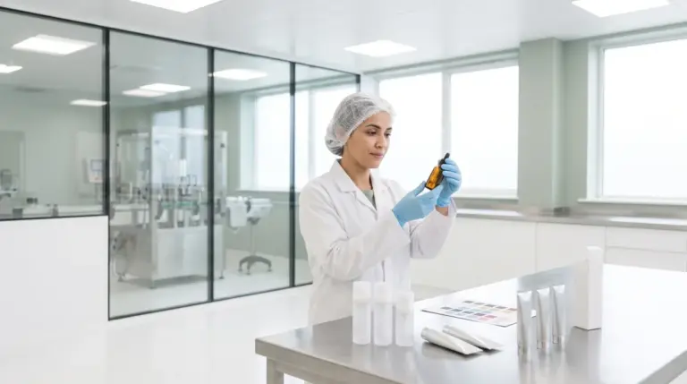 Packaging engineer inspecting an amber dropper bottle in the Carmel Cosmetics Labs packaging laboratory in Morocco