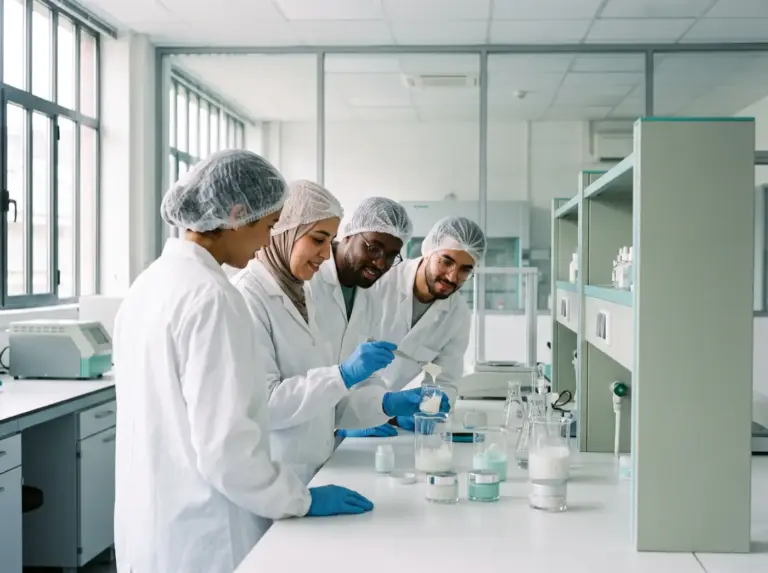 equipe formulateurs laboratoire cosmetique maroc | Carmel Cosmetics Labs Équipe de formulateurs du laboratoire cosmétique Carmel Cosmetics Labs au Maroc échangeant autour d'échantillons de crèmes et de sérums