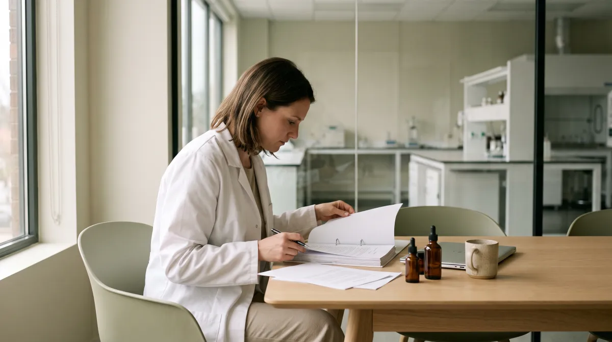 Regulatory officer reviewing the product file in the laboratory, a key step in exporting cosmetics from Morocco to Europe