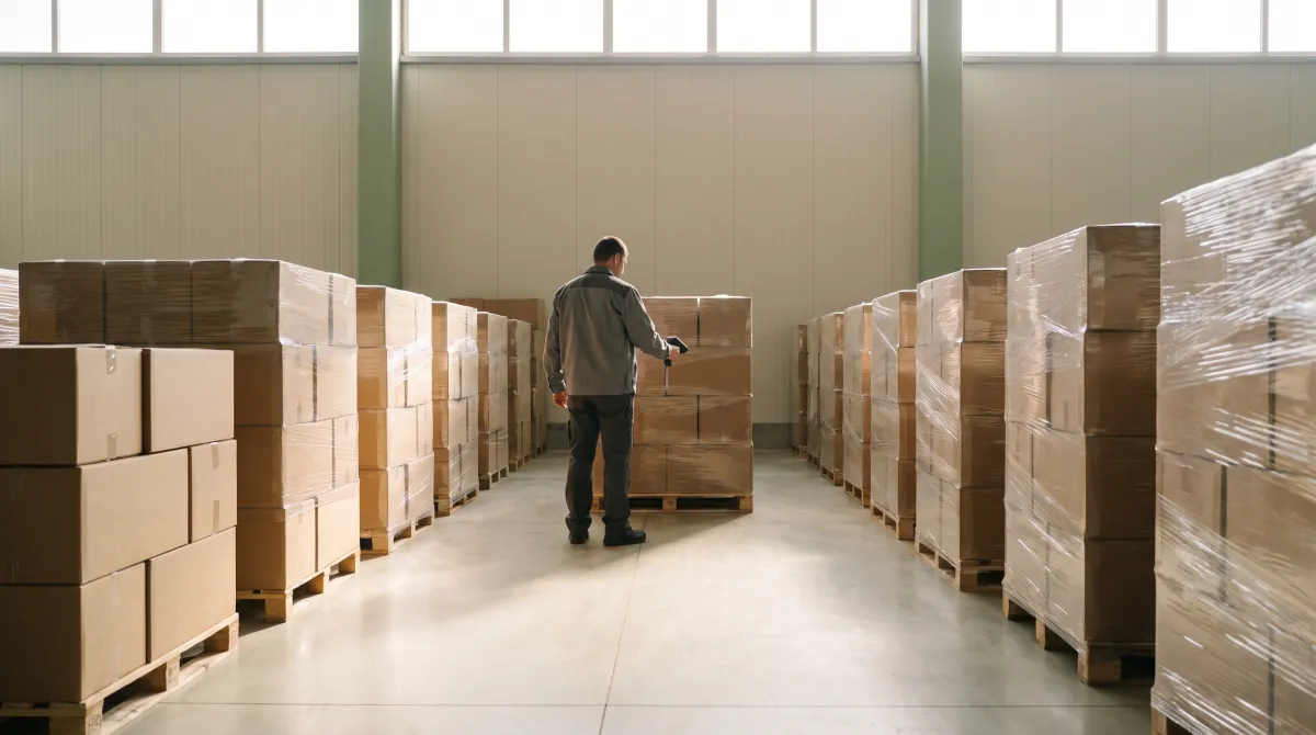 Shrink-wrapped pallets of cartons in a warehouse in Morocco, ready to ship cosmetics to the European Union