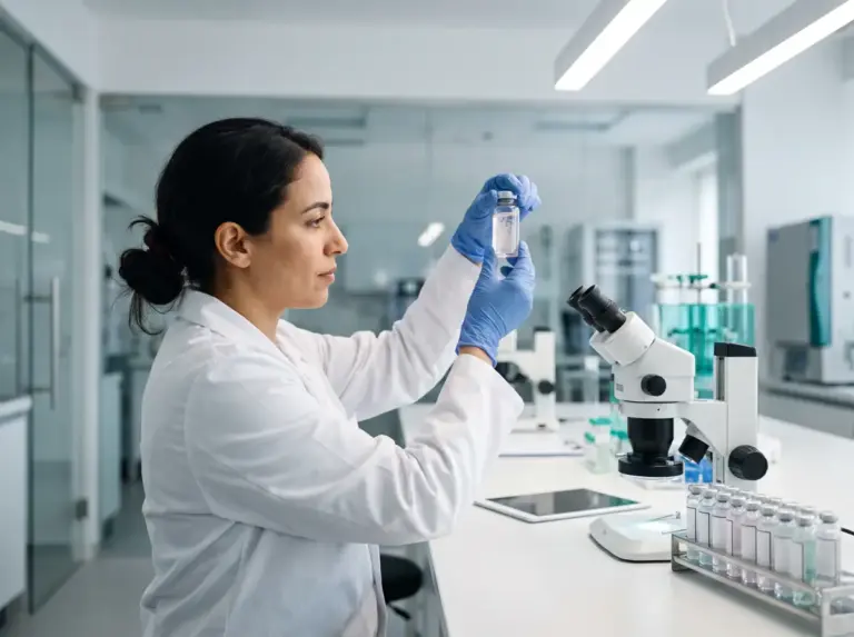 formulation cosmetique actifs encapsules laboratoire | Carmel Cosmetics Labs Formulatrice examinant un flacon de sérum à actifs encapsulés à côté d'un microscope