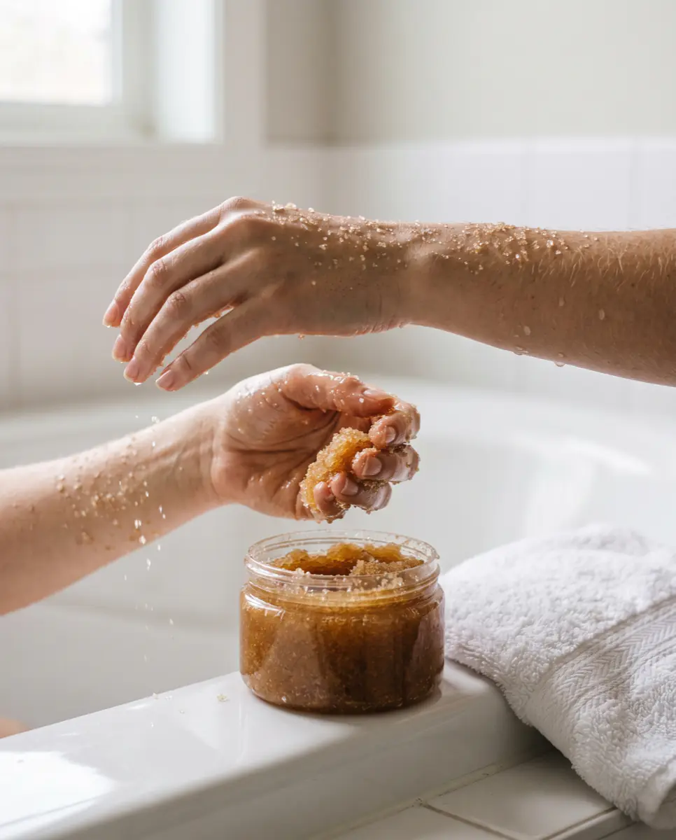 Sugar body scrub applied to the skin