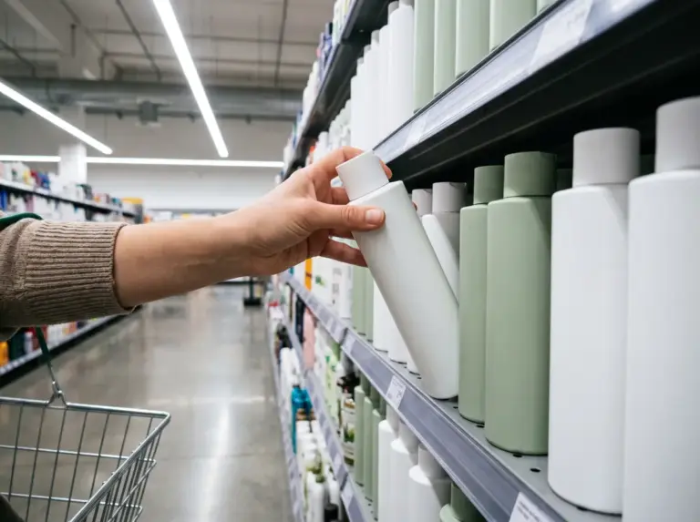 Cliente prenant un gel douche en rayon de grande distribution