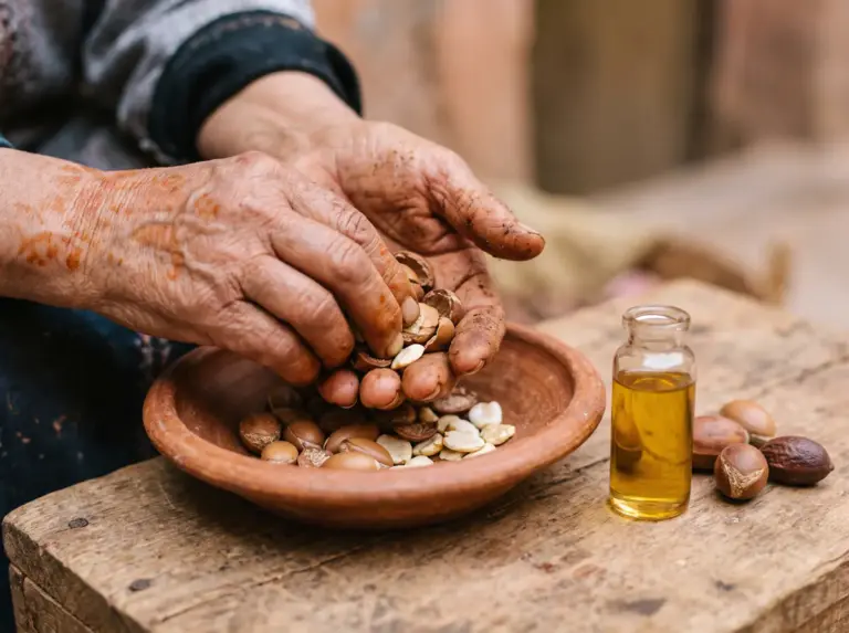 huile argan actif marocain cosmetique | Carmel Cosmetics Labs Mains triant des amandons d'argan à côté d'un flacon d'huile d'argan