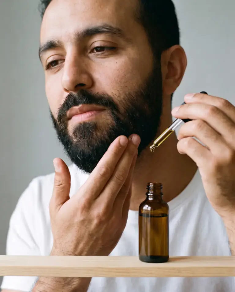 Homme appliquant une huile à barbe en marque blanche