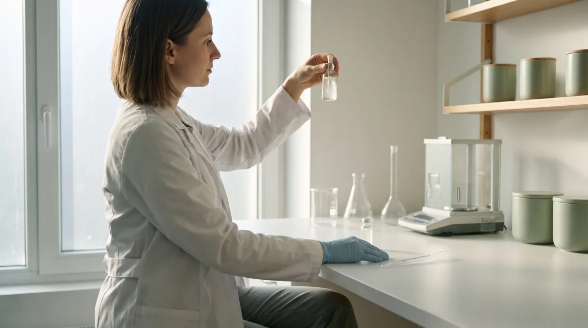 Formulator examining a bottle of serum with encapsulated actives in a light-filled cosmetics laboratory