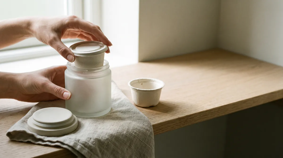 Hands sliding a cream refill into a reusable frosted glass jar, an example of premium eco-design