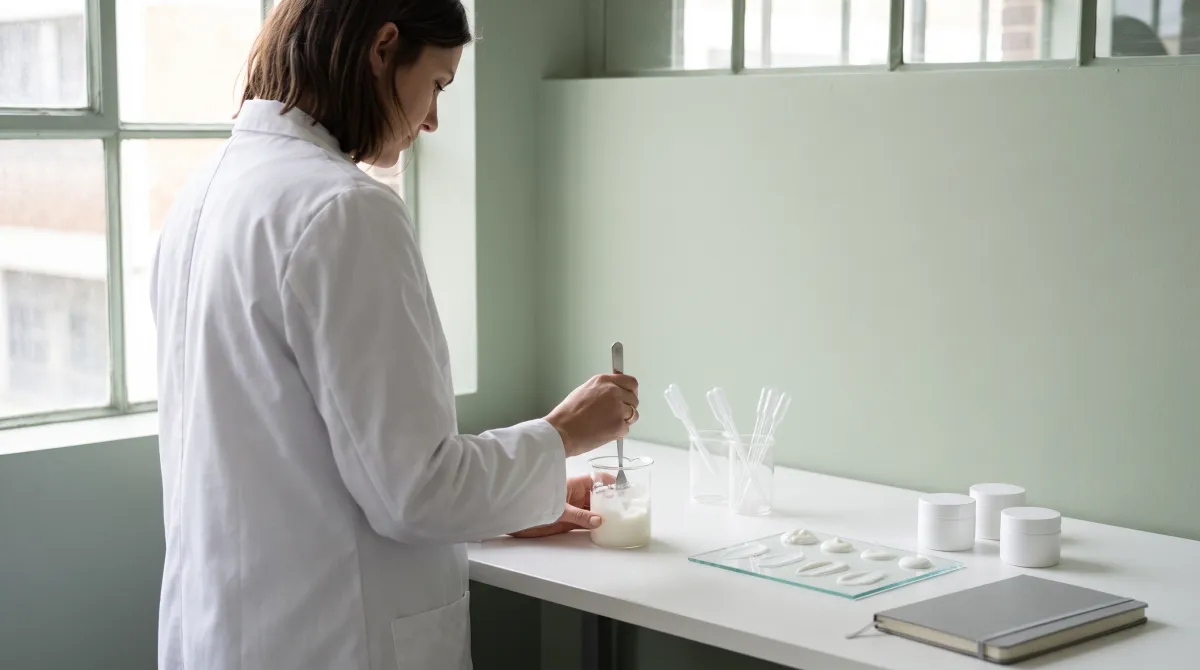 Formulatrice ajustant une crème au sein d'un laboratoire cosmétique marque blanche maroc, étape de formulation R&D
