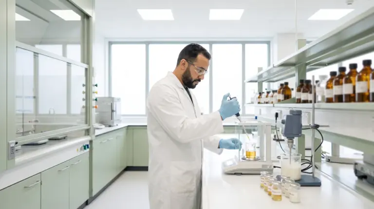 Formulation chemist weighing a plant oil on a precision scale in the Carmel Cosmetics Labs formulation lab