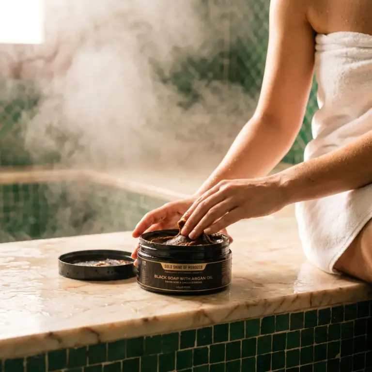 lalla mama savon noir argan hammam | Carmel Cosmetics Labs Femme prenant du savon noir à l'huile d'argan Lalla Mama dans son pot au hammam