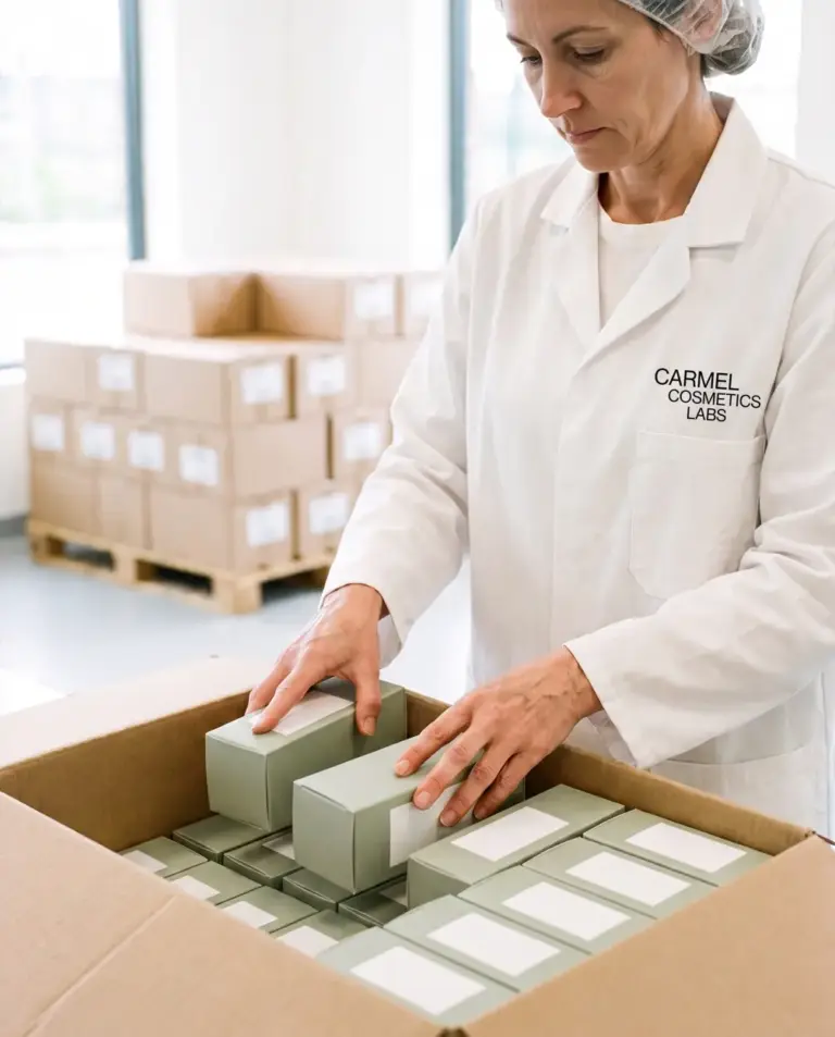 lancer marque cosmetique etape 4 emballage expedition | Carmel Cosmetics Labs Opératrice Carmel emballant des produits finis pour l'expédition