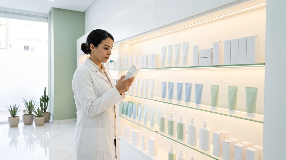 Pharmacienne consultant un soin dermocosmétique devant un rayon de pharmacie au Maroc