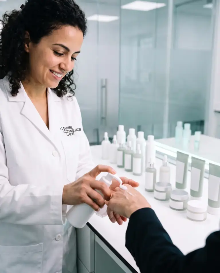 Spécialiste produit Carmel Cosmetics Labs montrant la texture d'un lait corps en marque blanche sur la main d'une cliente