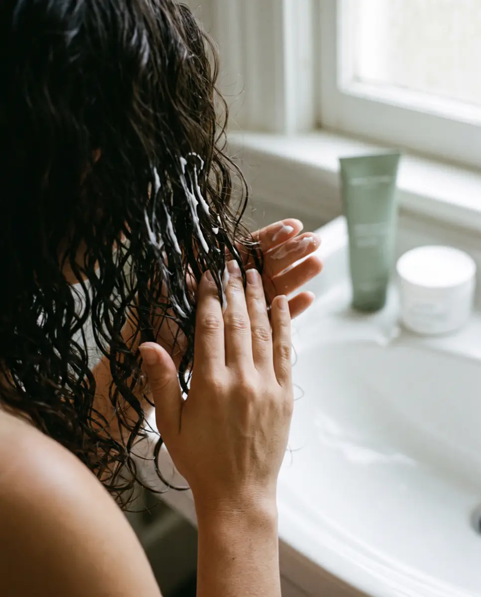 Mains appliquant un masque capillaire crémeux sur des cheveux bouclés