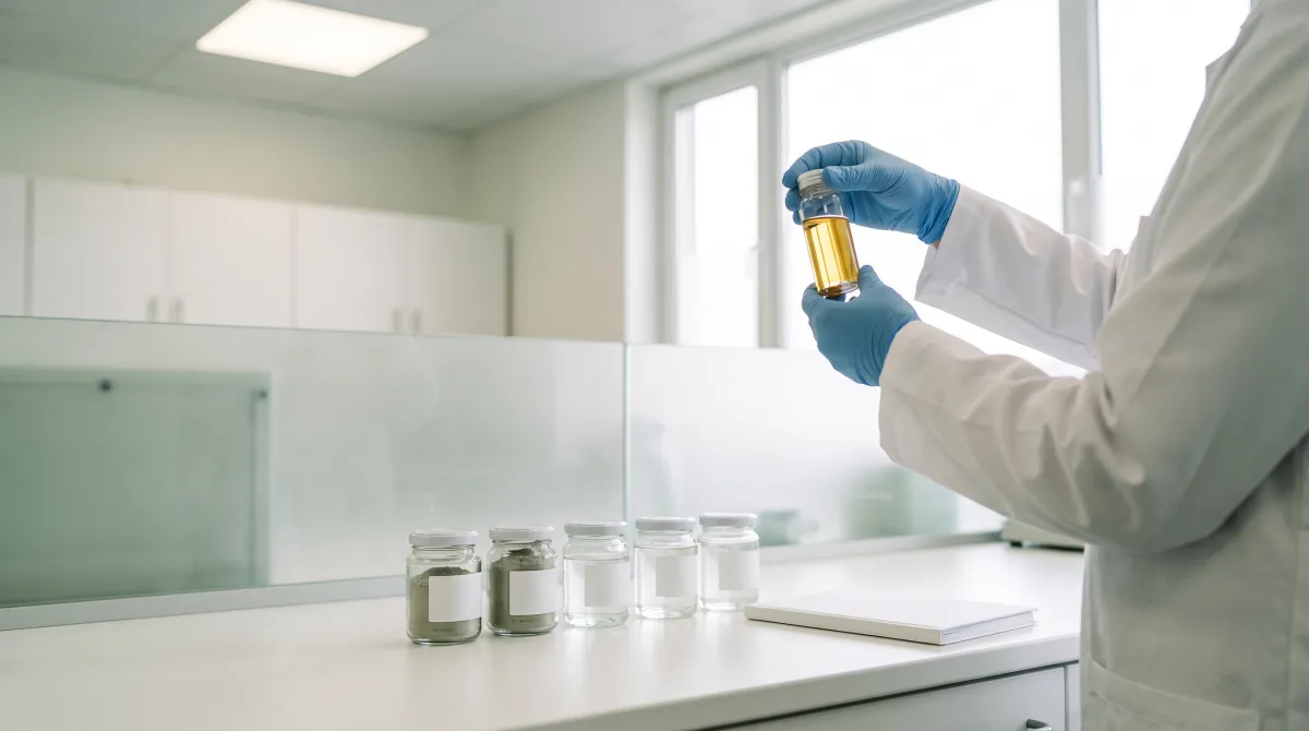 Organic cosmetics lab technician checking the clarity of a plant oil before formulation