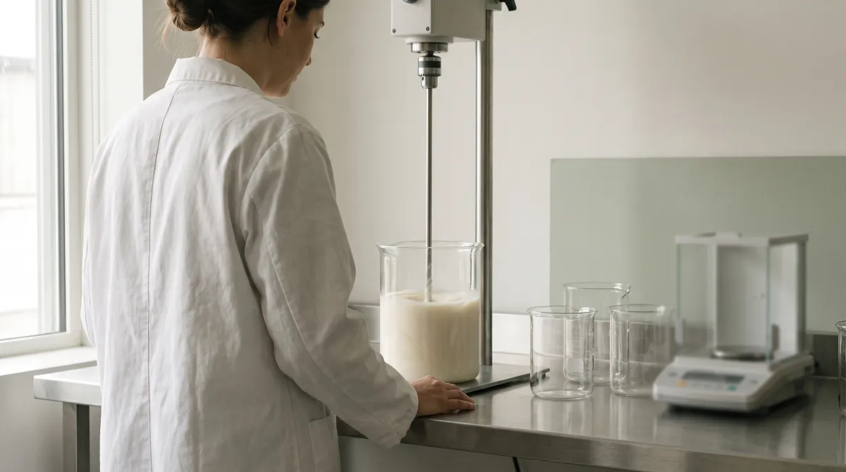 Formulator watching a cream emulsion form under a mixer on a stainless steel workbench