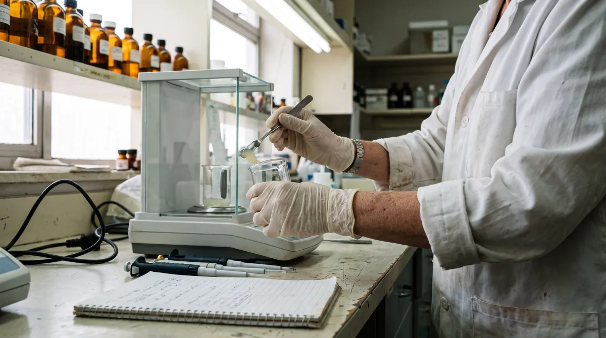 Mains gantées incorporant un actif PDRN cosmétique dans un bécher près d'une balance de laboratoire
