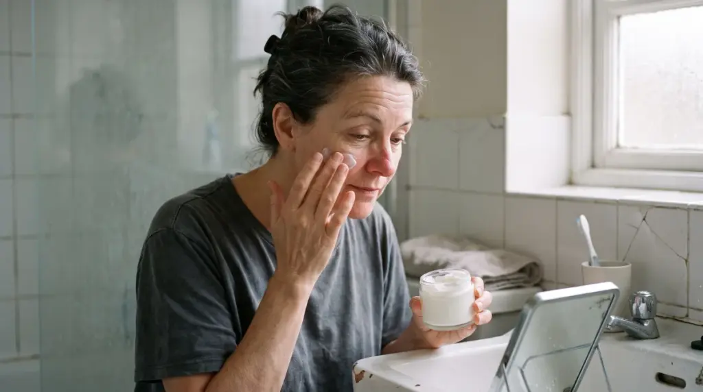 Femme de 50 ans appliquant une crème riche adaptée à la peau ménopause dans sa salle de bain