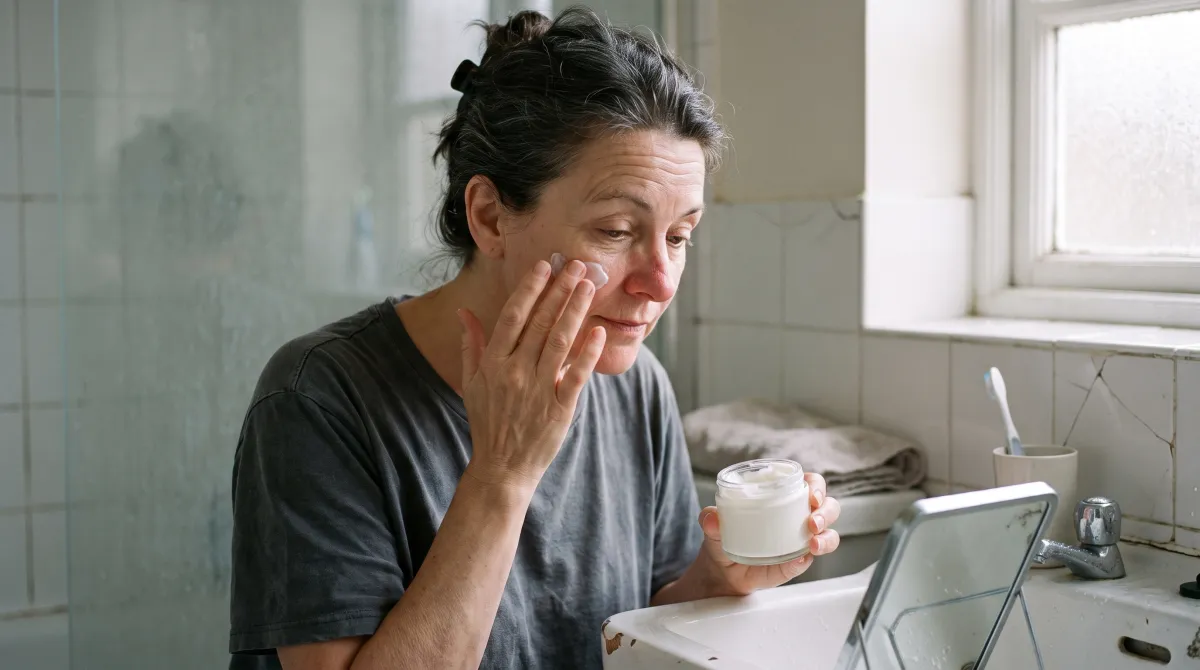 Femme de 50 ans appliquant une crème riche adaptée à la peau ménopause dans sa salle de bain