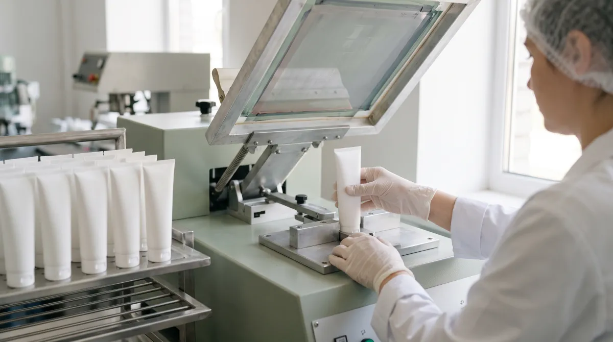 Technicienne sérigraphiant un tube blanc en salle propre : personnalisation packaging en laboratoire cosmétique Maroc