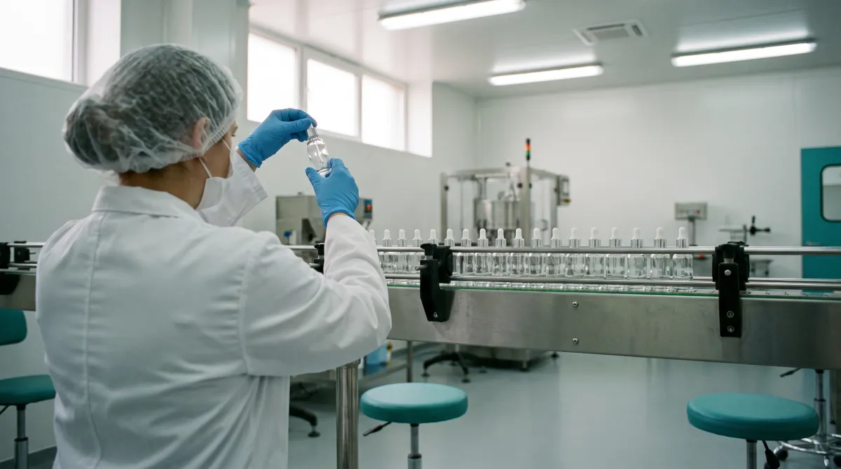 Technician inspecting a serum bottle on a cosmetics filling line in a clean room, ISO 22716 standard