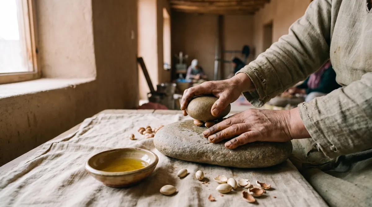 Hands of a craftswoman cracking argan nuts with a stone, one of the best-selling cosmetics in Morocco