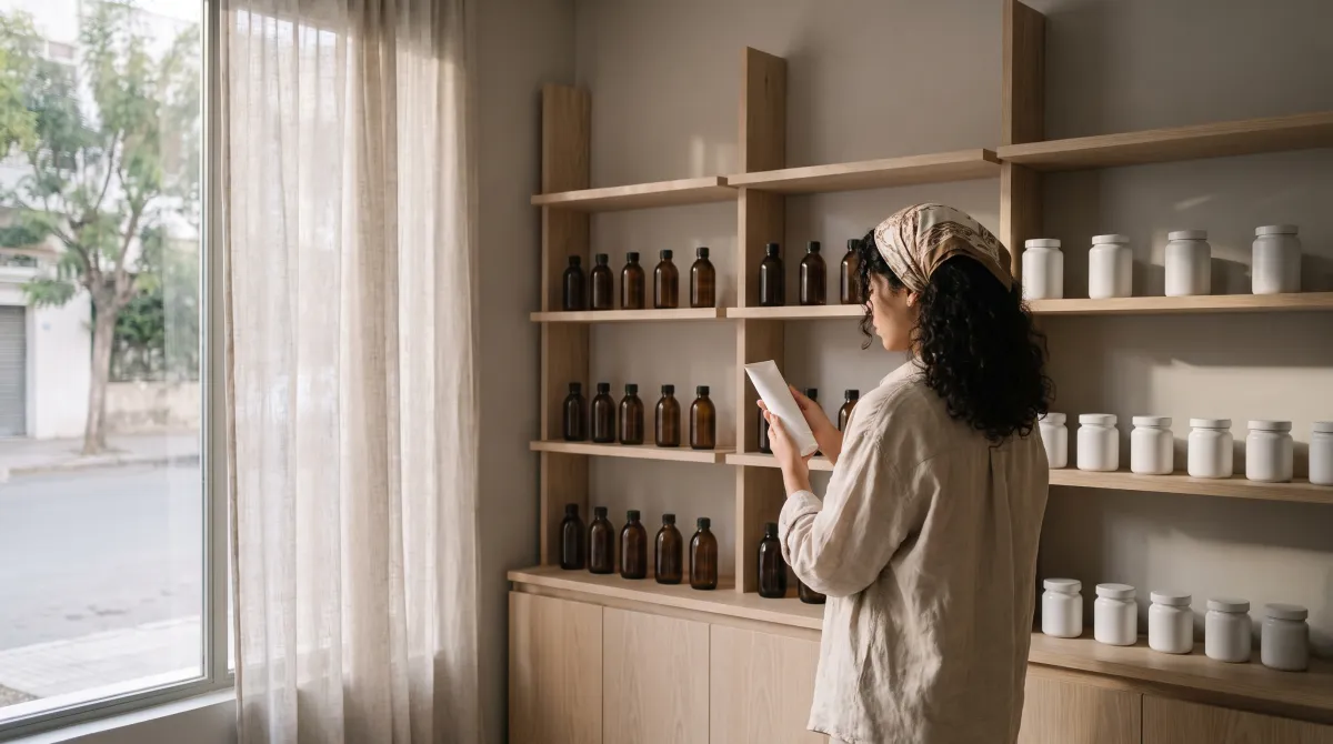 Young woman reading the ingredients of a skincare product in a Casablanca parapharmacy, a fast-growing sales channel