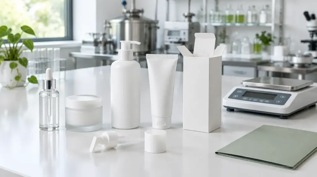 Flacons, pot, tube, pompe et étui cosmétiques vierges contrôlés selon le règlement PPWR en laboratoire