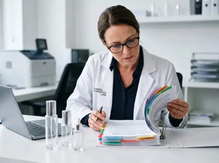 reglementation cosmetique dossier information produit carmel | Carmel Cosmetics Labs Spécialiste réglementaire relisant un dossier d'information produit