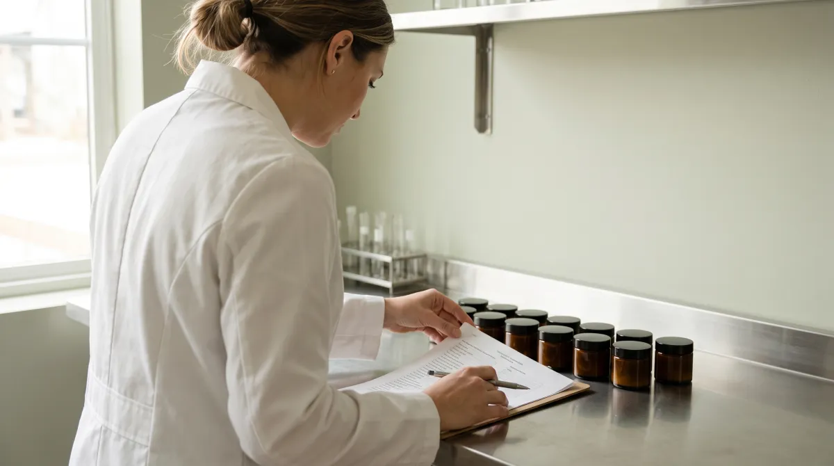 Regulatory manager checking an ingredient list in the lab against the 2026 EU cosmetics regulations