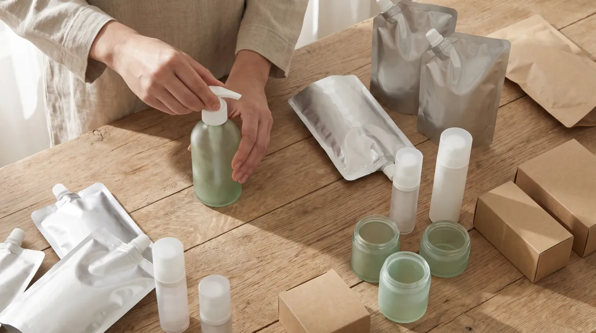 Recycled glass bottles, airless pumps and aluminum refills on a workbench: reusable cosmetic packaging