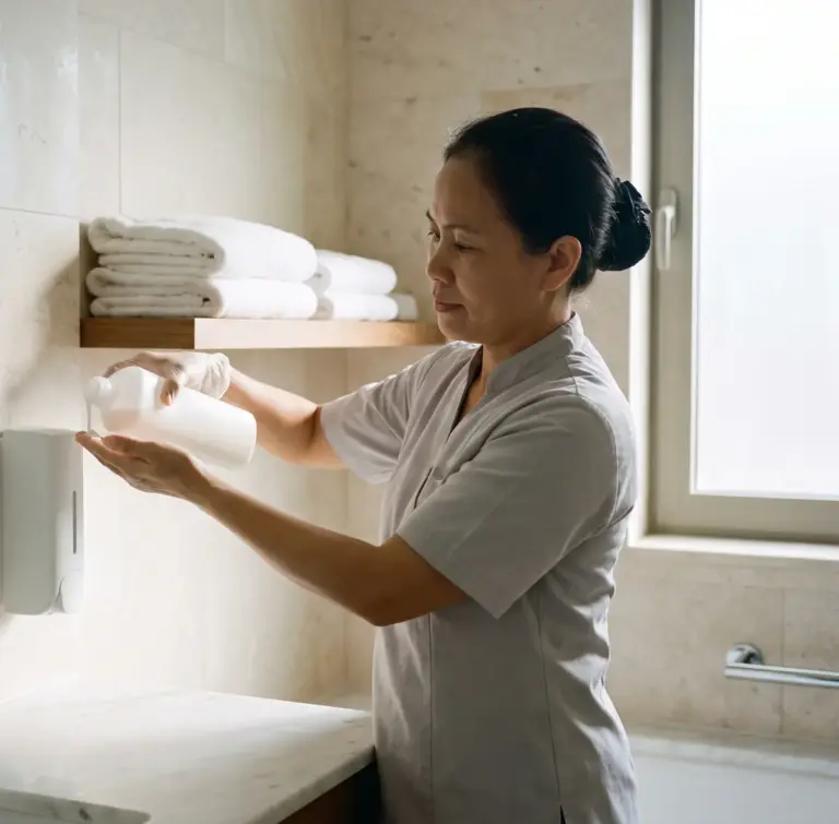 Employé d'hôtel remplissant un distributeur de gel douche à partir d'un grand bidon
