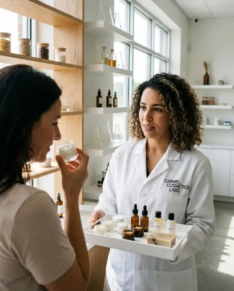 specialiste produit carmel cosmetics labs echantillons professionnels | Carmel Cosmetics Labs Spécialiste produit présentant des échantillons à une cliente